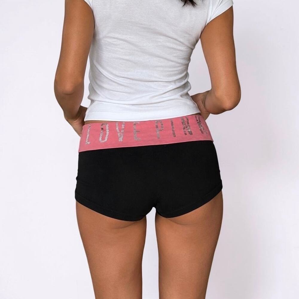 Victoria’s Secret PINK Yoga Sequin Logo Fold Over Shorts Black Pink XS